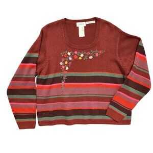 Vintage Maroon Burgundy XL Vintage Hand-Embroidered Striped Sweater Cottage Core